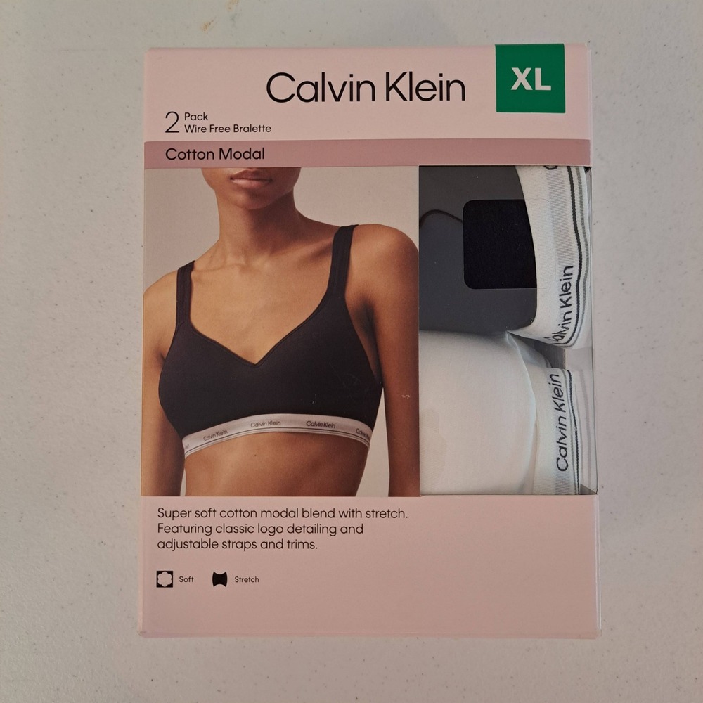 Calvin Klein Bralette 2 Pack Womens XL Black White New‎ Cotton Modal 837-319-CB5